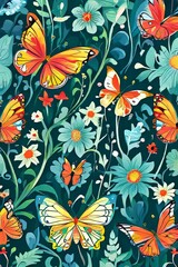 Whimsical butterflies floating through a vibrant garden, showcasing a burst of colors against lush greenery. Great for childrens books, playful designs, greeting cards, print, digital designs.