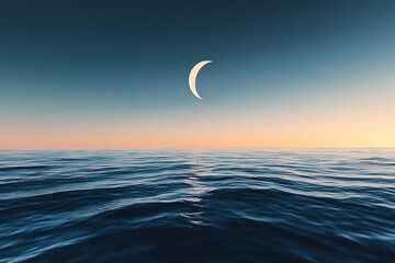 Crescent Moon Over Tranquil Ocean Waves At Sunset