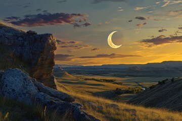 Golden Sunset Landscape With Crescent Moon Over Rolling Hills