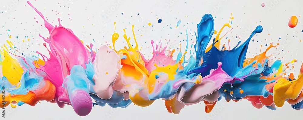 Poster Multicolored paint splashes explode in dynamic forms against white background. Colorful bursts create abstract shapes. Vivid colors, texture suggest energy, creativity. Ideal for designs emphasizing