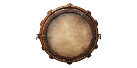 Traditional Hand Drum With Wooden Frame Isolated on Transparent Background