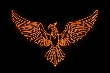 Obraz premium A bold and vivid neon orange outline of a phoenix bird standing out on a dark black canvas.