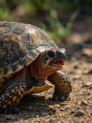 Obraz premium Red-footed tortoise with its mouth wide open.
