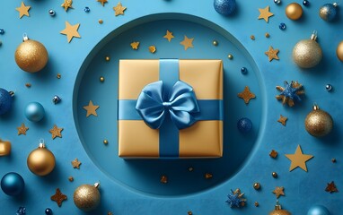 Obraz premium A beautifully wrapped flat lay gift with a blue ribbon sits among festive decorations on a blue background, creating a perfect winter holiday scene
