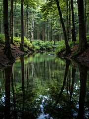 Obraz premium Reflective pond in a forest in Iserlohn, Germany.