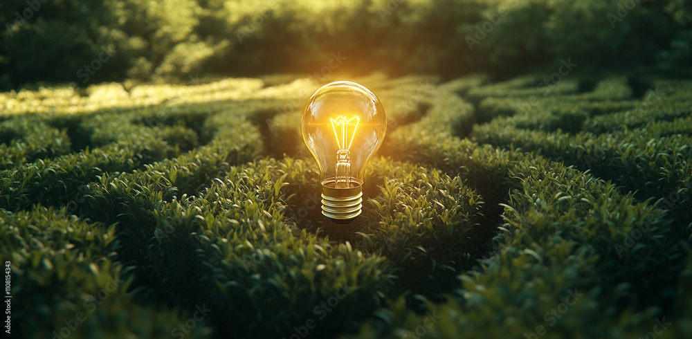 Poster light bulb in the center of a green maze surrounded by lush greenery and trees during golden hour