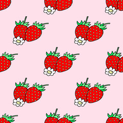 Bright seamless illustration with strawberry berries and flowers.