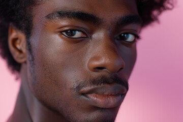 Obraz premium Closeup portrait of affectionate afro guy on pink background.