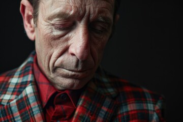 Fototapeta premium Dark key portrait of man with one eye closed weared in plaid suit jacket. Studio shot