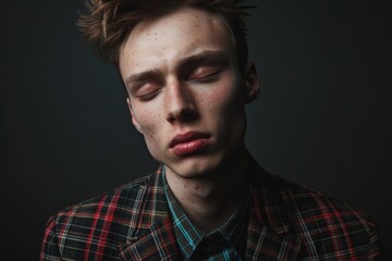 Obraz premium Dark key portrait of man with one eye closed weared in plaid suit jacket. Studio shot