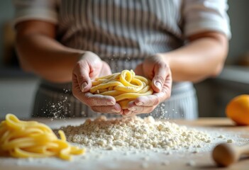 Chef's hands making dough and spaghetti, close up