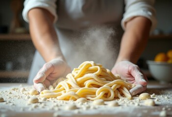 Chef's hands making dough and spaghetti, close up