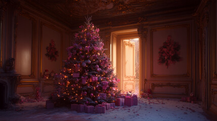 Luxurious room with a glowing Christmas tree and pink presents. Concept of holiday elegance and festive warmth.