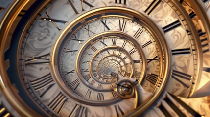 Obraz premium Dive deep into the mesmerizing golden spiral of time, enriched with intricate clock faces and dazzling light effects