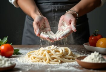 Chef's hands making dough and spaghetti, close up