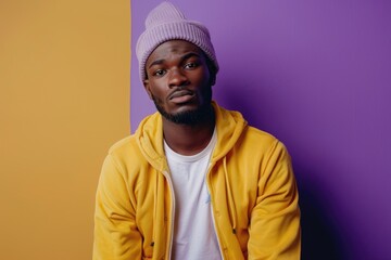 Fototapeta premium Portrait of African American man in sportswear posing on violet background.