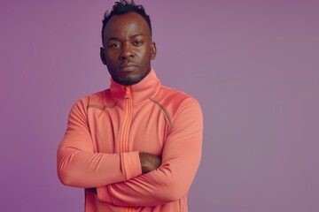 Obraz premium Portrait of African American man in sportswear posing on violet background.