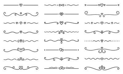 Obraz premium Text dividers with hearts doodle set. Wedding decorative elements. Separate ornament, borders, lines. Hand drawn vector illustration isolated on white background