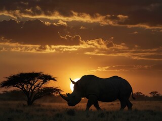 Naklejka premium Rhinoceros silhouette against an African sunset.