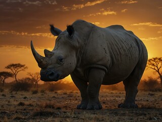 Fototapeta premium Rhinoceros silhouette against an African sunset.