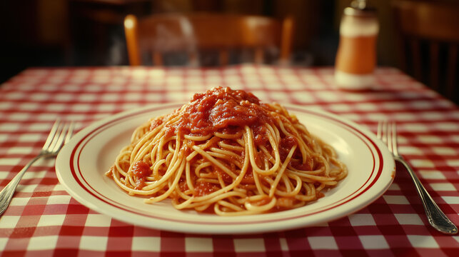 Simple yummy tasty homemade style spaghetti with tomato sauce on a white plate on a dinning table at a vintage 1960 restaurant with red tartan plaid pattern tablecloth in cozy warm color tone