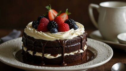 Rich chocolate cake layered with cream, inviting indulgence.