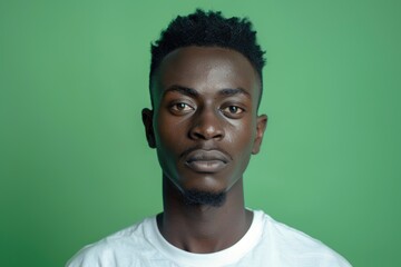 Fototapeta premium Handsome African man poses against green background.