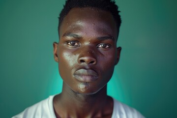 Obraz premium Handsome African man poses against green background.