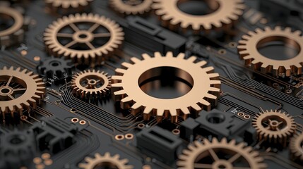 Control mechanism design performance metric, industrial chic style, matte black and copper, top view focus, with gears and circuits background.