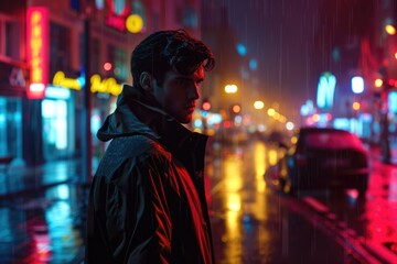 Obraz premium young man during the night yellow and red lights street nightlife
