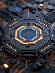 Fototapeta premium Control mechanism design signal processing diagram, sleek minimalist, metallic gray and blue, top view focus, featuring dynamic circuit patterns.