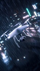 A drone flies through the rain in the city at night.