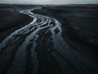 River flowing through a black sandy landscape in foggy Iceland.