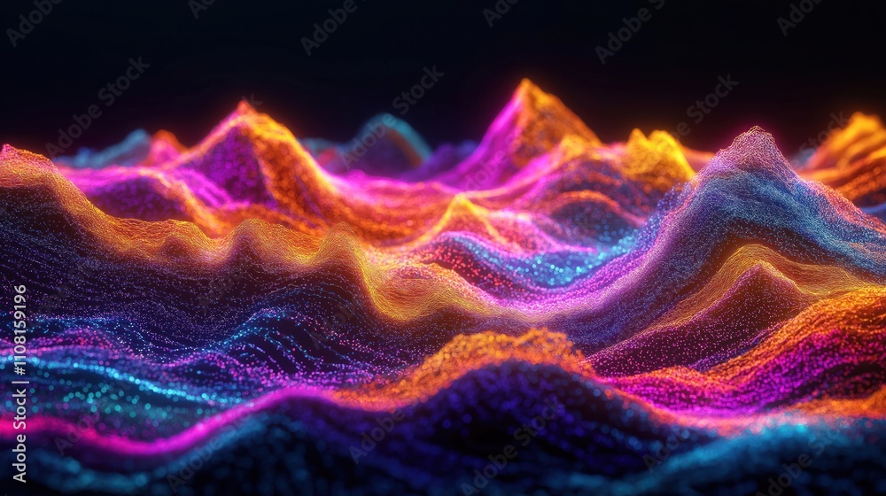 Poster Abstract illustration shows dynamic colorful data visualization of big data. Complex information analysis displayed as colorful wavy mountain range shapes. Neural networks process massive data. AI