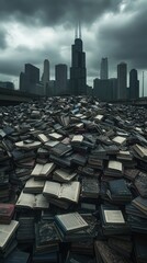 Obraz premium A massive pile of books against a cityscape under a cloudy sky.