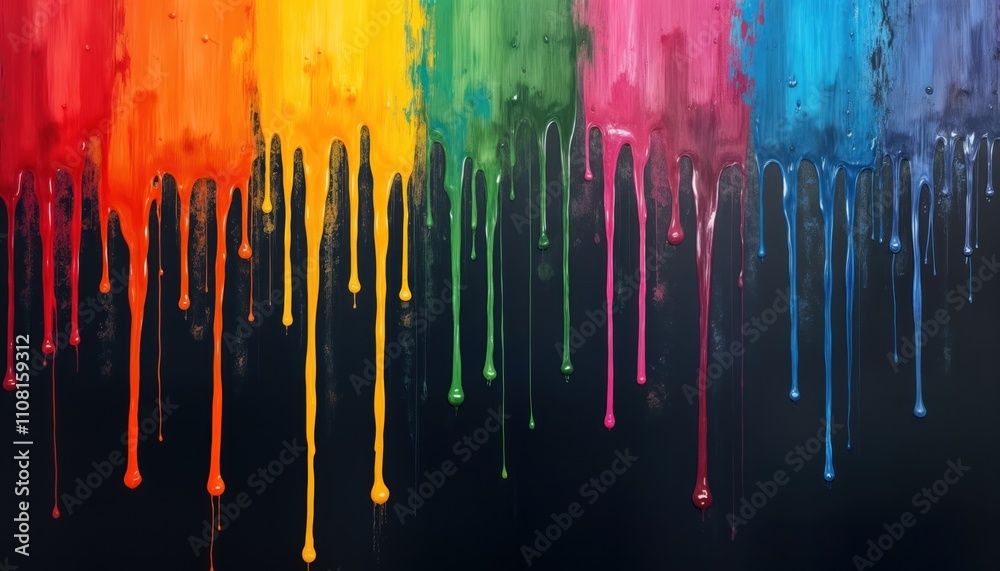 Fototapete colorful paint drips cascade down dark background. vibrant hues blend into flowing streaks creating 