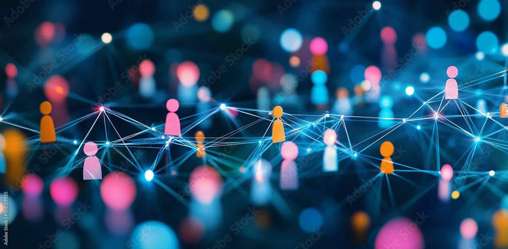 Poster digital network connecting diverse individuals with vibrant colors and lights in an abstract represe