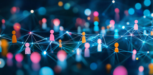 Digital network connecting diverse individuals with vibrant colors and lights in an abstract representation