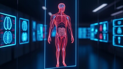 Biometric healthcare real-time concept. A futuristic digital illustration of a human body, highlighting anatomical structures against a high-tech background with glowing displays.