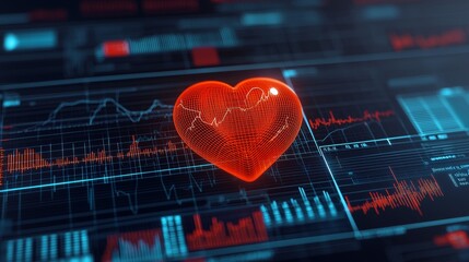 Biometric healthcare real-time concept. A glowing red heart is superimposed on a digital background of data graphs and statistics, symbolizing health and technology.