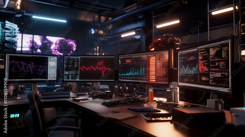 Poster advanced data analysis environment featuring multiple screens displaying graphs, metrics, and live s