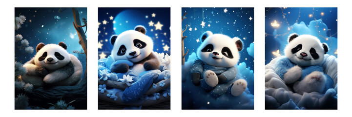 Adorable Baby Panda in Enchanted Night Scene for Kids' Room Posters on Transparent Background