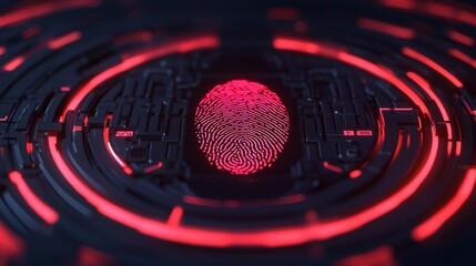 Biometric healthcare real-time concept. A digital fingerprint glows in a futuristic maze of red lights, symbolizing security and technology in a sleek, high-tech environment.