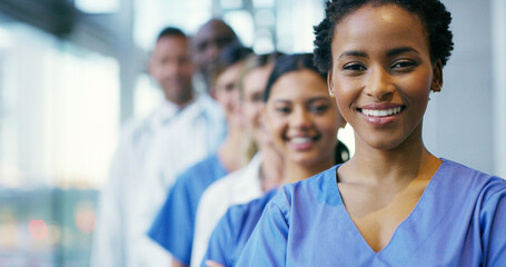 People, portrait and medical team with line for healthcare service, internship or health programme...