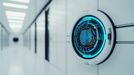 Biometric healthcare real-time concept. A futuristic control panel with glowing elements, set against a sleek, minimalistic corridor, emphasizing technology and innovation.