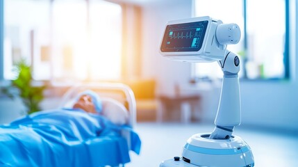 Biometric healthcare real-time  concept. A robot interacts with a patient in a hospital room, showcasing advanced technology in healthcare settings.