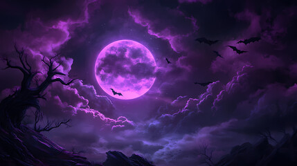 Experience a haunting halloween scene featuring a deep purple moon illuminating a spooky landscape filled with bats and eerie clouds. perfect for seasonal themes. Haunting. Illustration