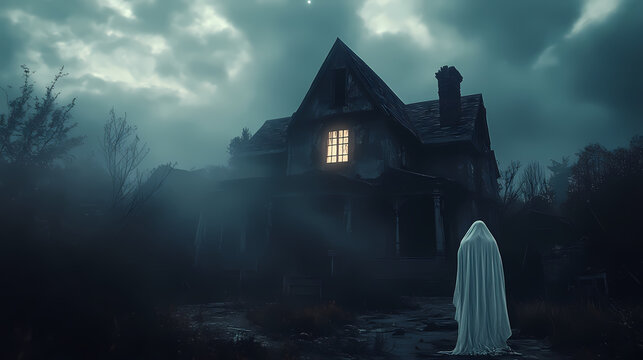 Ghost haunting a scary house on halloween night. Haunting. Illustration