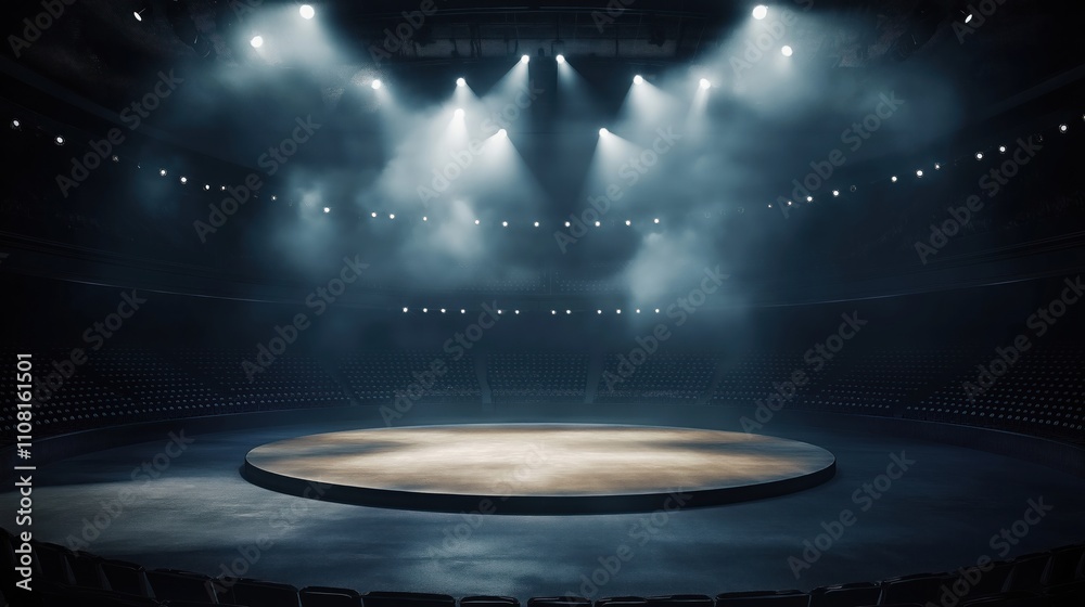 Poster empty arena stage with spotlights, smoke. dark toned 3d rendering. dramatic lighting effects. possib