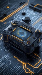 Fototapeta premium Futuristic black and orange controller device with a screen displaying a spinning digital circle, resting on a circuit board.